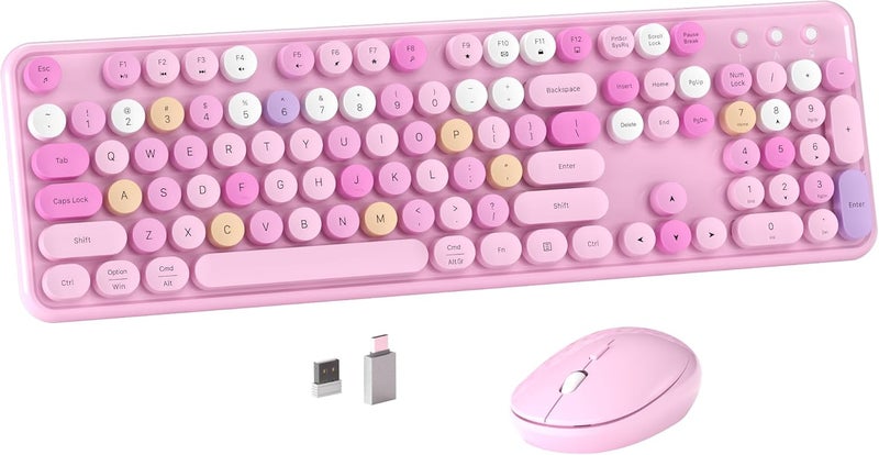 MPTOG Colorful Wireless Computer Keyboard and Mouse Combo with Round Typewriter Keycaps, Retro Design, Power Switch, Ergonomic Design, 2.4GHz Wireless for Windows, Mac, PC(Pink-Colorful) - Image 1
